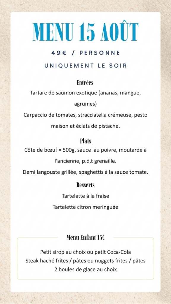 Menu de la soirée spéciale du 15 août 2026